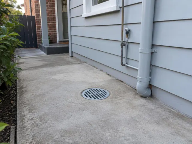 Concrete side path with a round drain grate beside light grey house cladding in Randwick